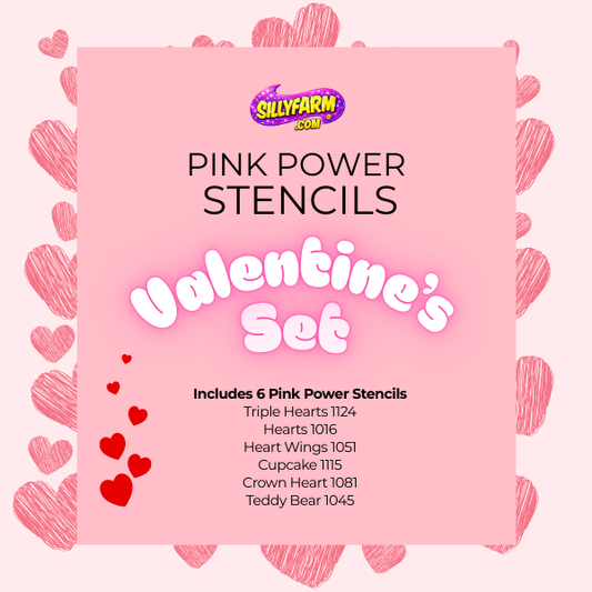 Pink packaging of 'Pink Power Stencils Valentine's Set' with heart designs on a pink background.