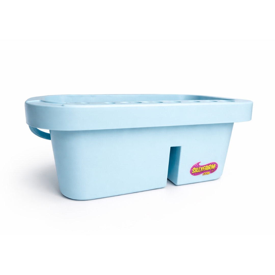 light blue plastic Brush tub with a handle on a white background