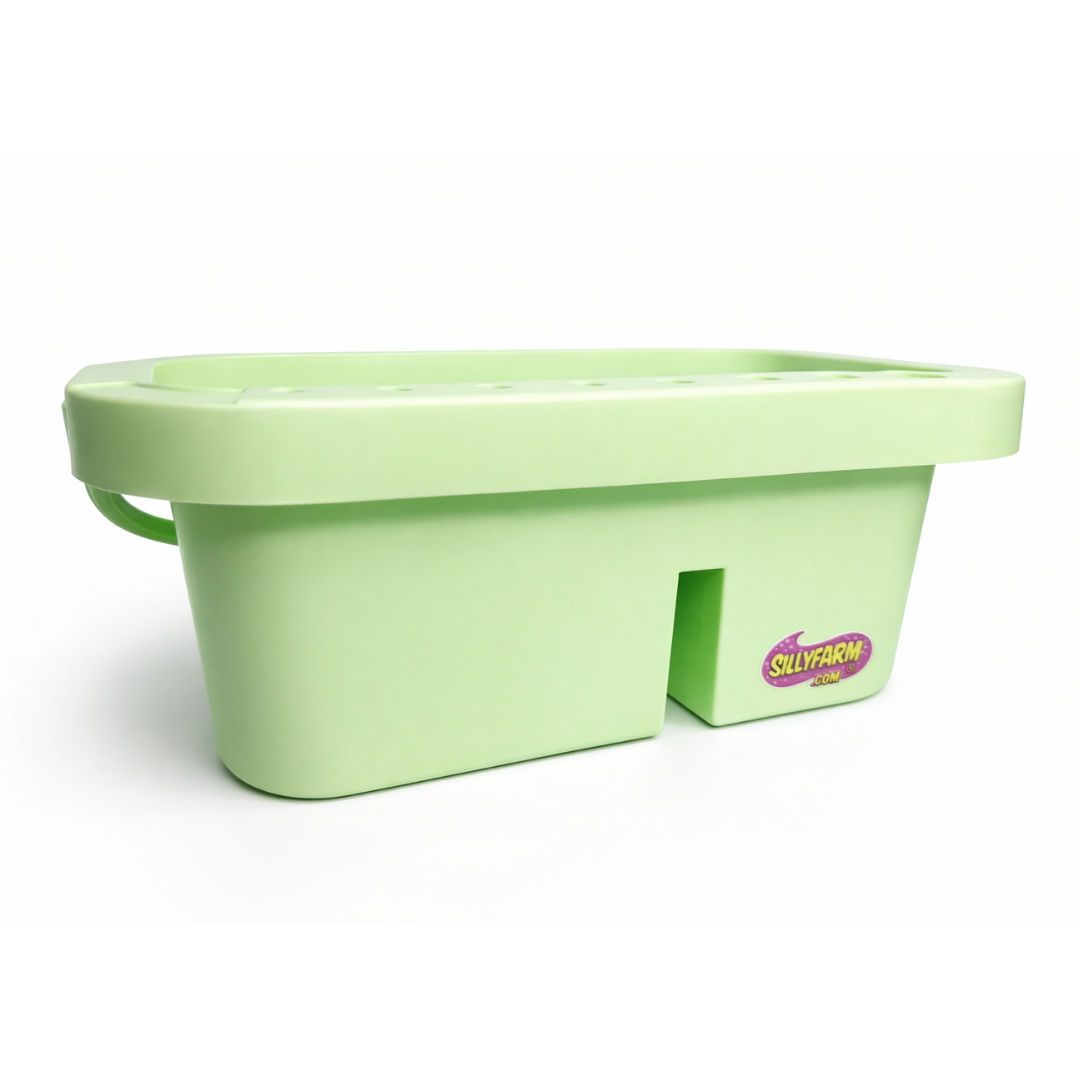 Green plastic Brush tub with a handle on a white background