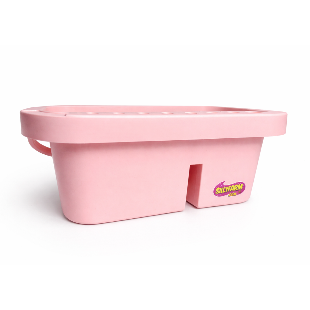 pink plastic Brush tub with a handle on a white background