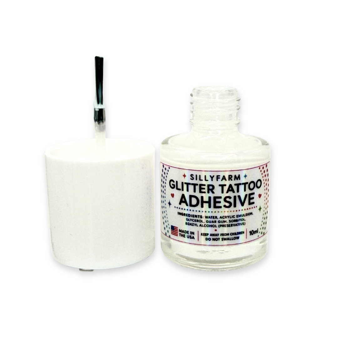 Open SillyFarm Glitter Tattoo Adhesive 10ml bottle shown with the built-in brush applicator.