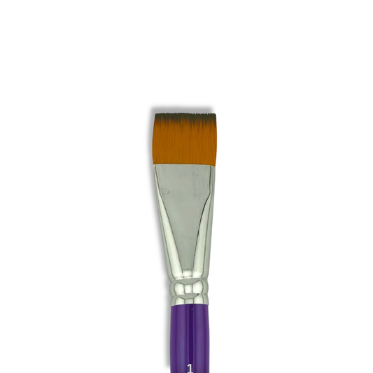A flat paint brush with orange-brown bristles, a silver metal ferrule, and a purple handle, shown vertically against a plain white background.