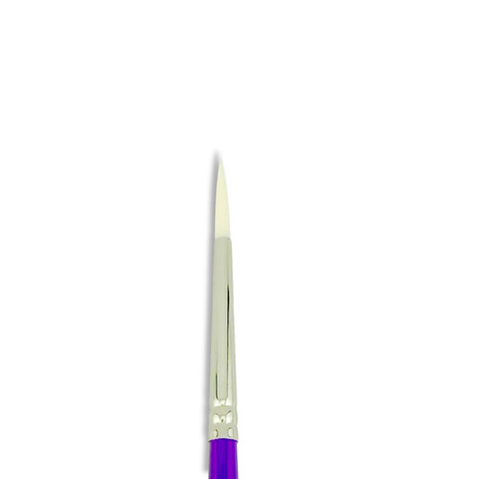A close-up of a fine paintbrush tip with a purple handle and silver ferrule on a plain white background.