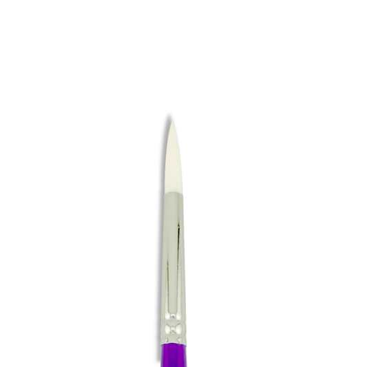A close-up of a fine detail paintbrush with a purple handle, silver ferrule, and white bristles, centered on a plain white background.