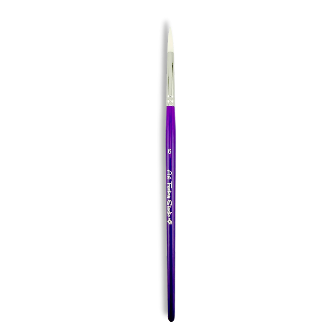 A single fine detail paint brush with a metallic purple handle, silver ferrule, and white bristles, shown vertically on a plain white background.