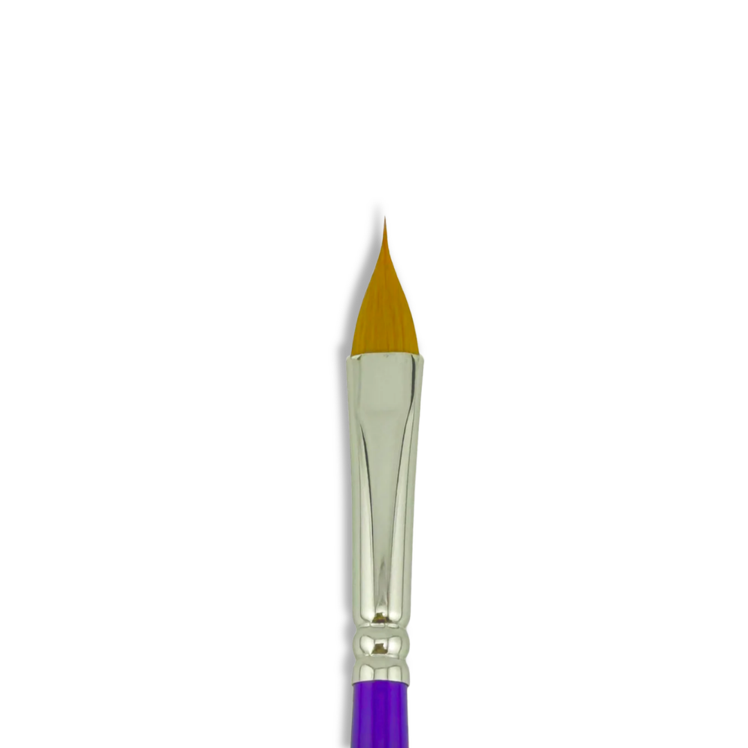 Art Factory Studio Flora #6 face painting brush with pointed golden synthetic bristles, silver ferrule and purple handle.