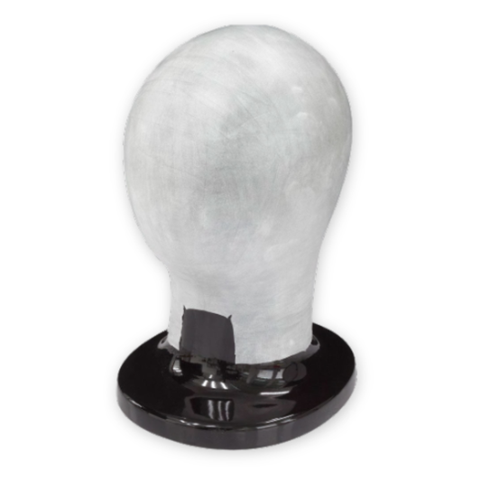 A white textured head form or mannequin head mounted on a glossy black circular base, isolated on a white background.