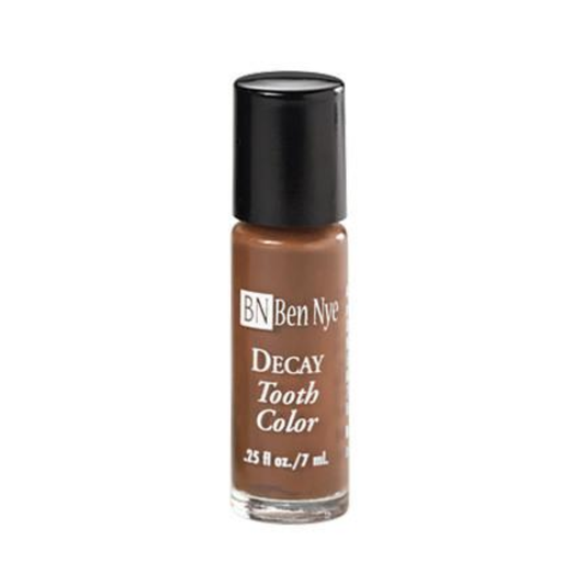 Ben Nye Decay Tooth Color nail polish in a brown shade, in a 0.25 fl oz glass bottle with a black cap, on a white background.