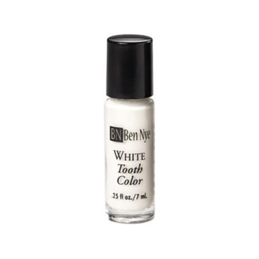 Ben Nye White Tooth Color gel tooth polish in a 7 ml clear glass bottle with a black cap, shown on a white background.