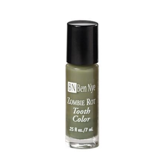 Ben Nye Zombie Rot Tooth Color nail polish in a clear glass bottle with a black cap, showing the olive green polish inside, on a white background.