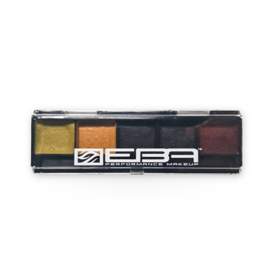 EBA Performance Makeup 5-pan waterproof palette in a clear plastic clamshell case, showing shimmer shades of gold, bronze, black, dark gray, and deep red on a white background.