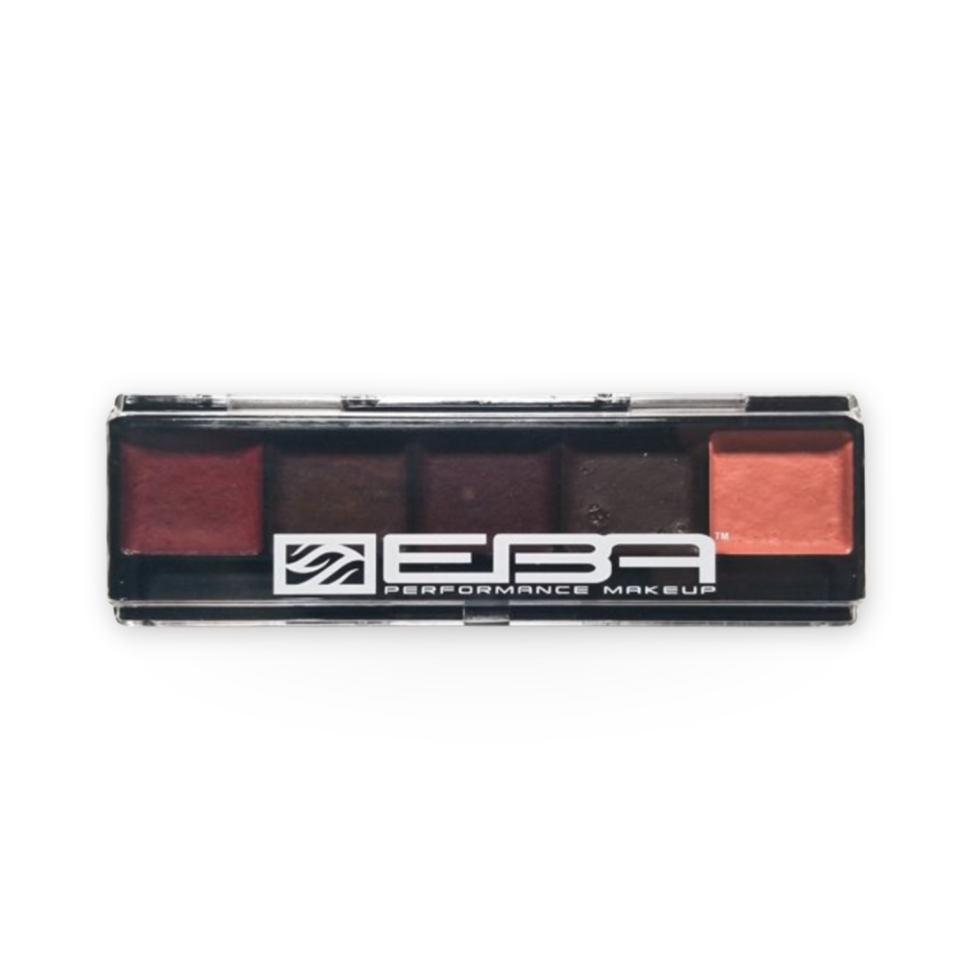 EBA Performance Makeup waterproof palette with four pans of makeup in deep red, dark brown, charcoal, and coral orange shades, in a black plastic case.