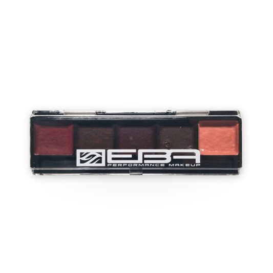 EBA Performance Makeup waterproof palette with four pans of makeup in deep red, dark brown, charcoal, and coral orange shades, in a black plastic case.
