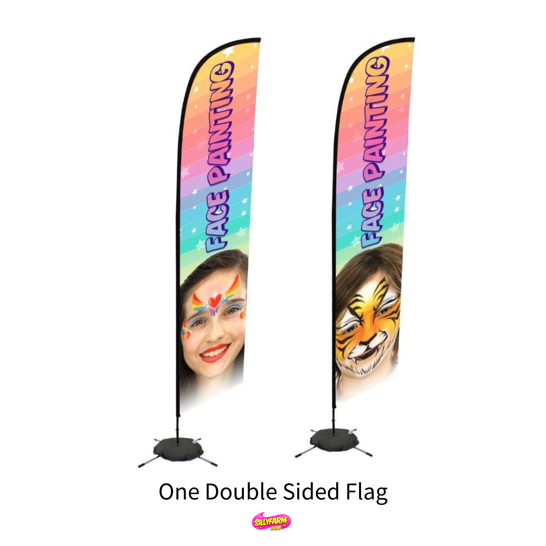 Two double-sided feather flags on stands with face painting designs on a white background.