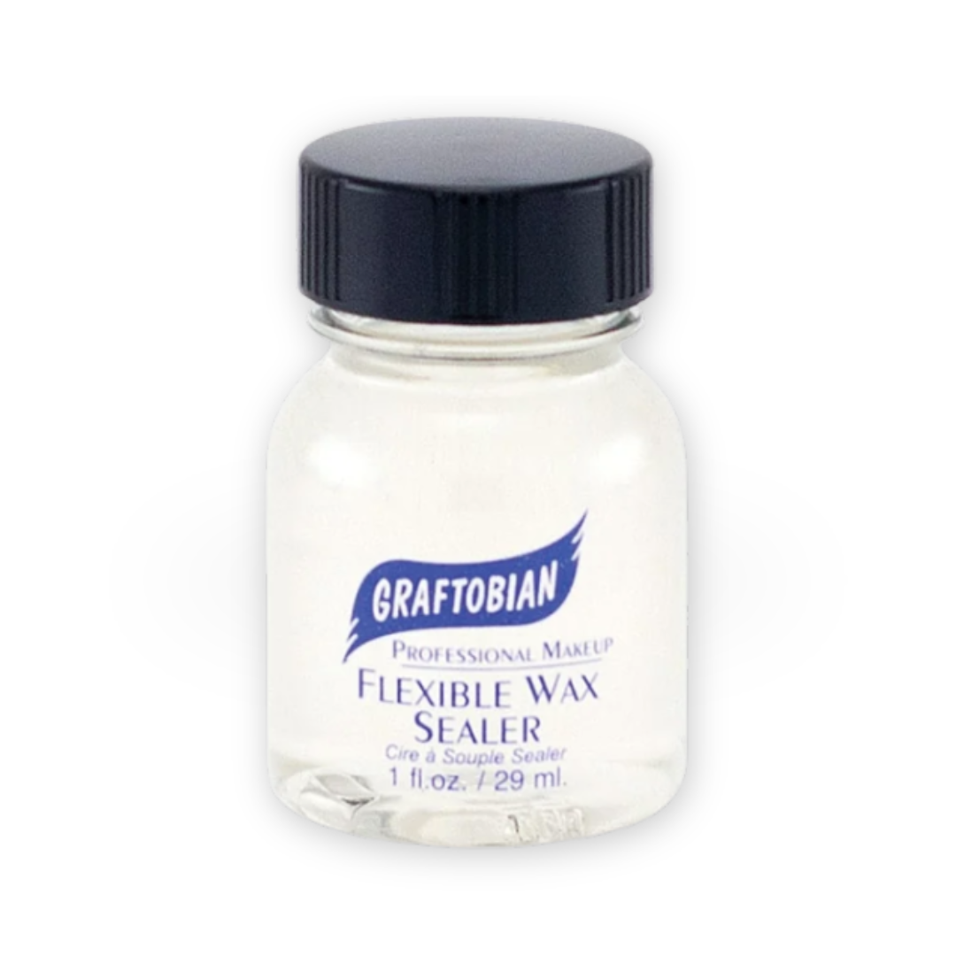 A small clear bottle of Graftobian Flexible Wax Sealer with a black screw cap and a white label with blue text, shown on a plain white background.