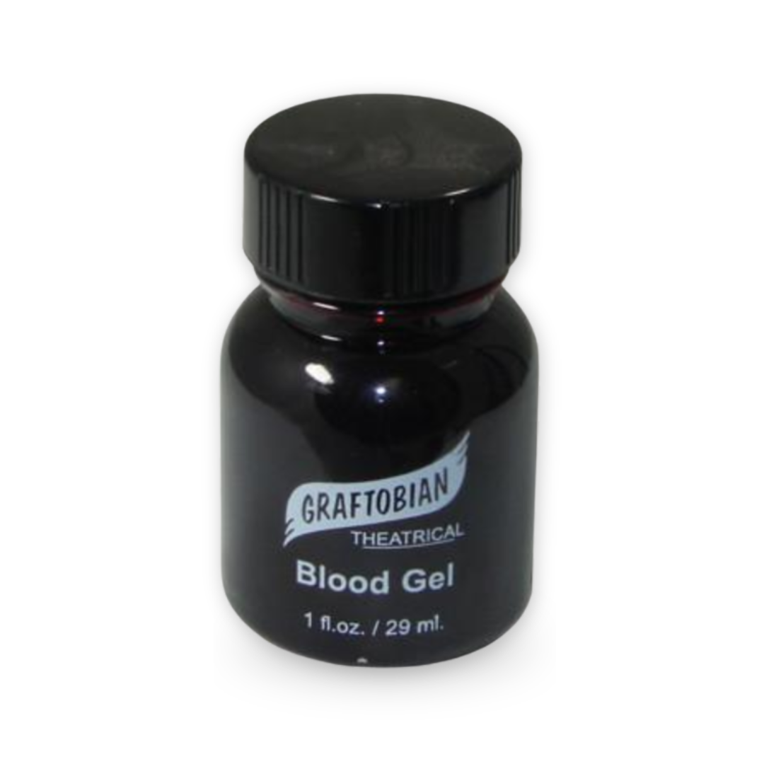 A small black bottle of Graftobian Theatrical Blood Gel with a black ribbed cap, shown on a plain white background.