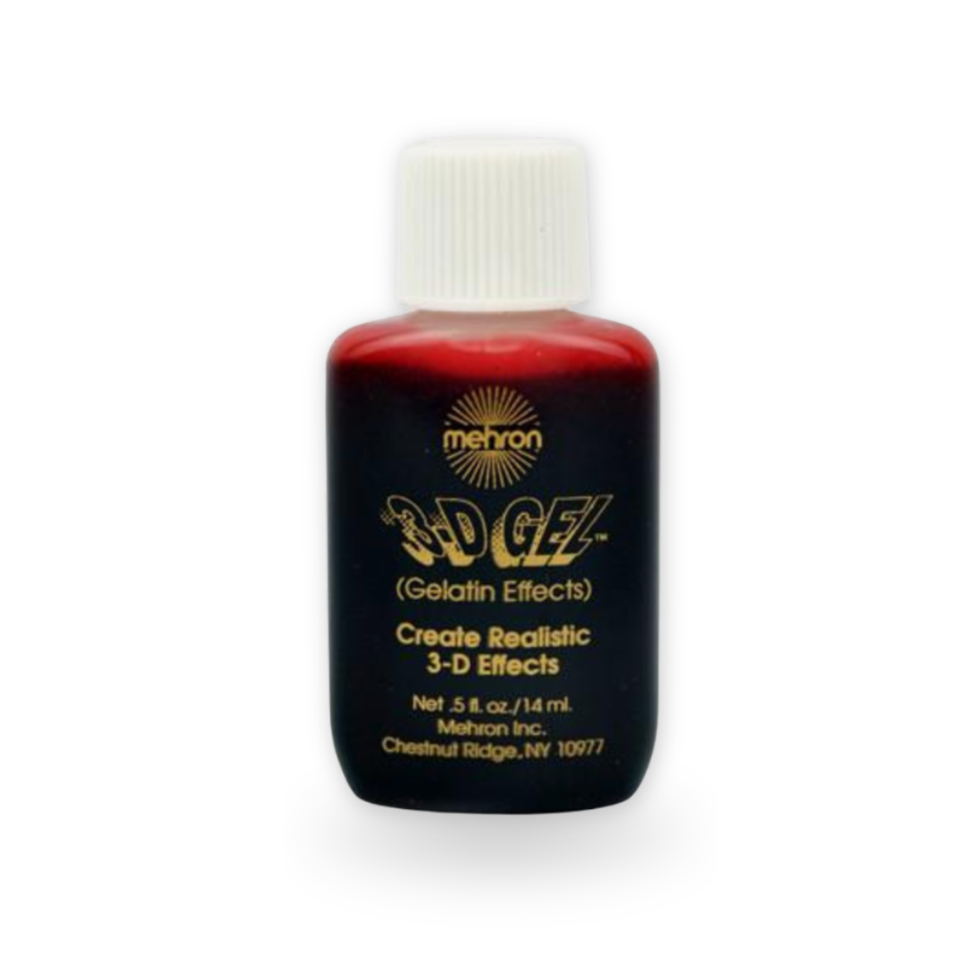 A bottle of Mehron 3D-GEL Gelatin Effects Blood, featuring a dark red bottle with gold lettering and a white cap, set against a plain white background.