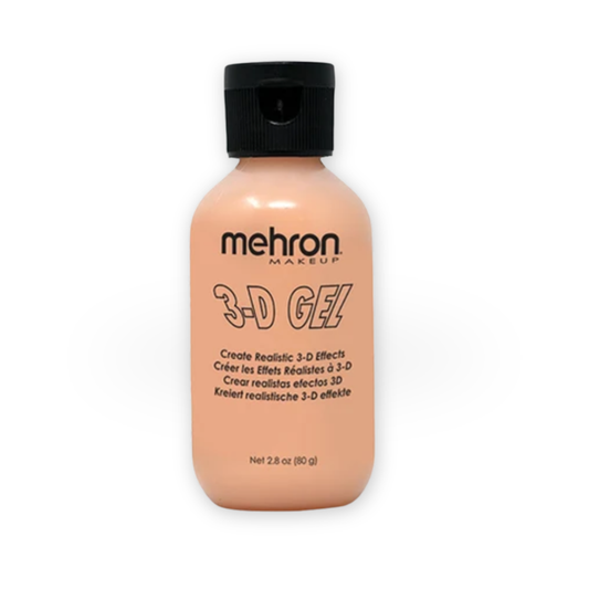 A bottle of Mehron Makeup 3D Gel in a peach-colored shade with a black cap, shown on a plain white background.