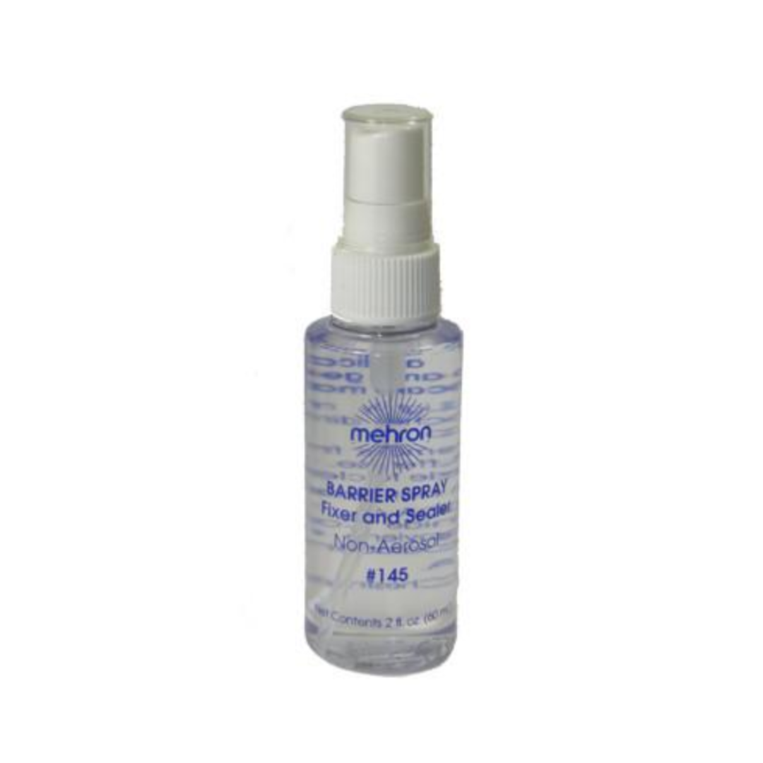 A small clear plastic spray bottle of Mehron Barrier Spray with a white pump top and blue printed text, isolated on a white background.