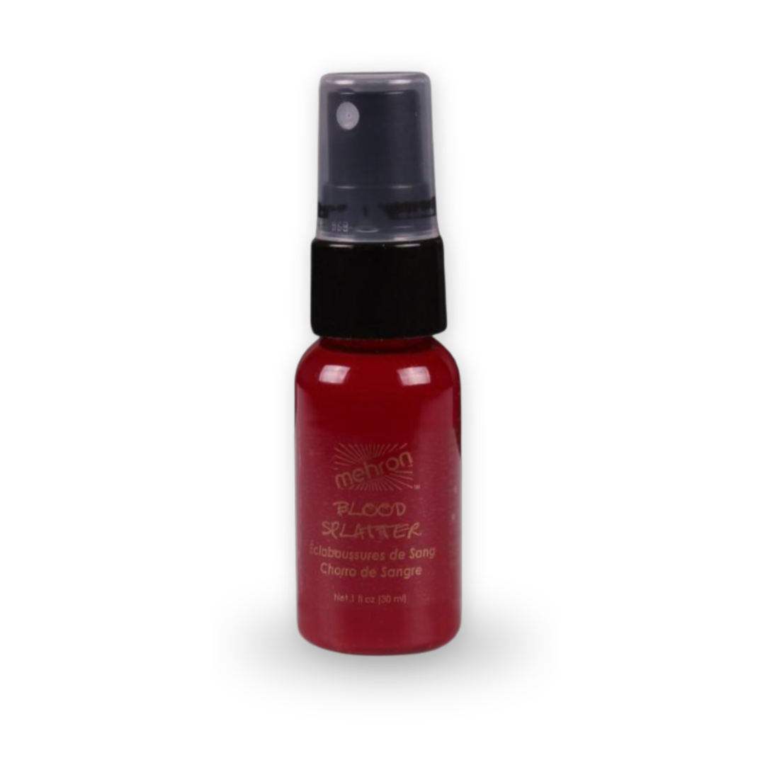 A small red spray bottle of Mehron Blood Slayer special effects makeup on a white background.