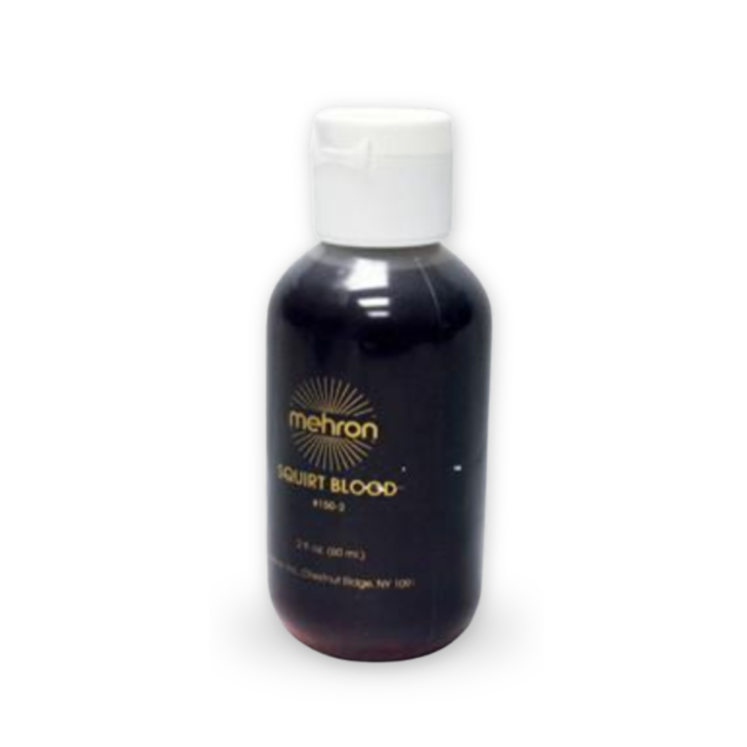A bottle of Mehron Squirt Blood fake blood, 2 fl oz (60 ml), featuring a dark translucent bottle filled with deep red liquid and a white cap.