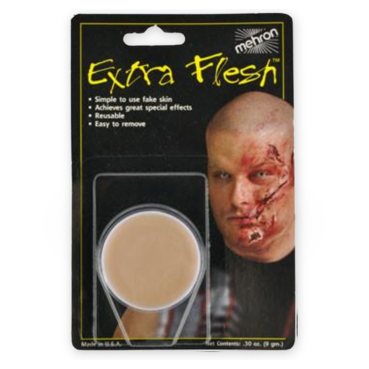Mehron Extra Flesh special effects makeup in blister packaging, showing the beige fake skin product and a model example of the applied effect.