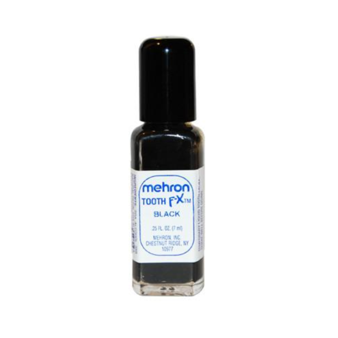 A small bottle of Mehron Tooth FX Black nail polish or liquid color with a black cap and white label, shown on a plain white background.