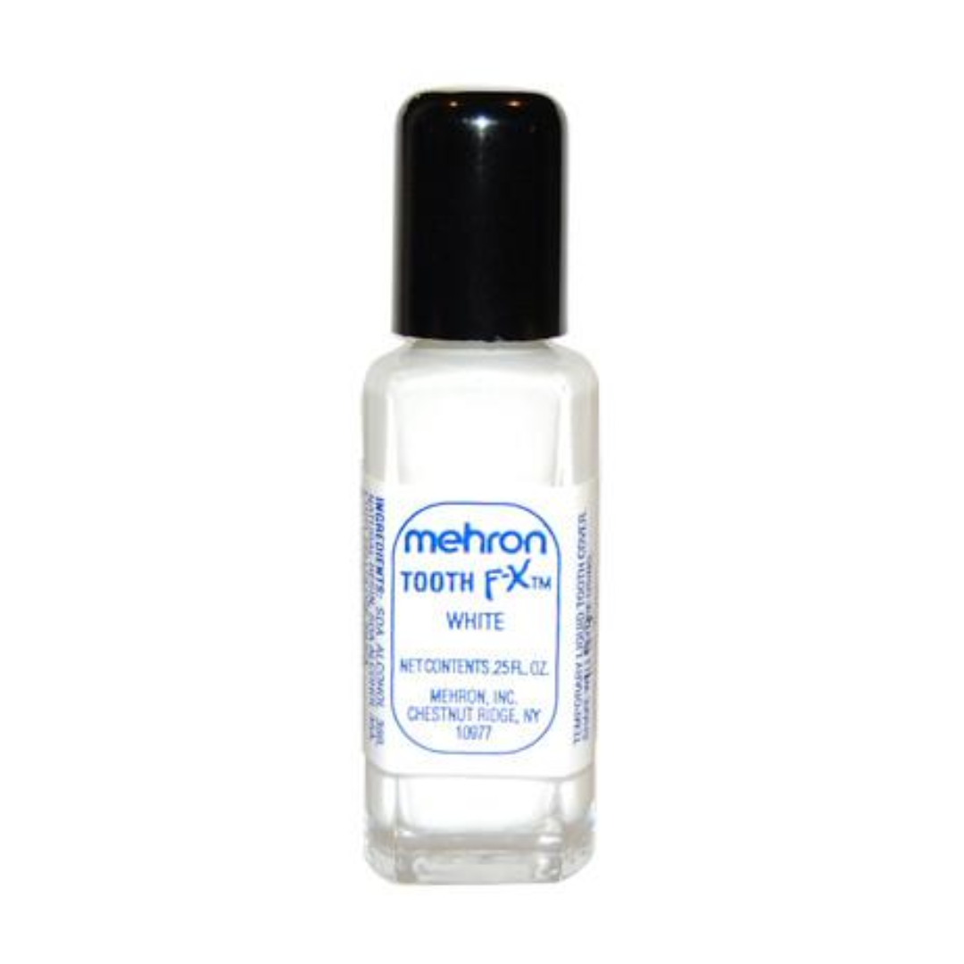 A small clear bottle of Mehron Tooth F-X White with a black cap and a blue-and-white label, shown on a plain white background.