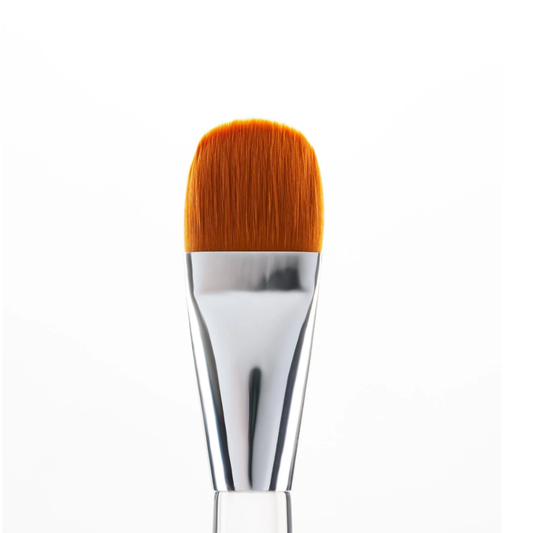 A large makeup brush with orange bristles and a polished silver metal ferrule, shown vertically against a clean white background.