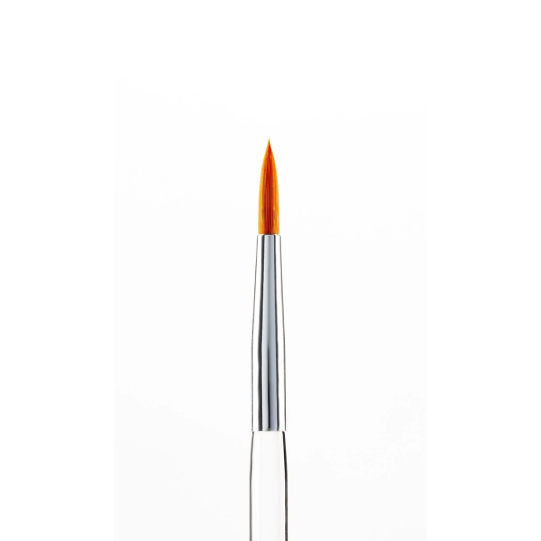 A single fine detail makeup brush with a clear ferrule and bright orange bristles, centered on a plain white background.