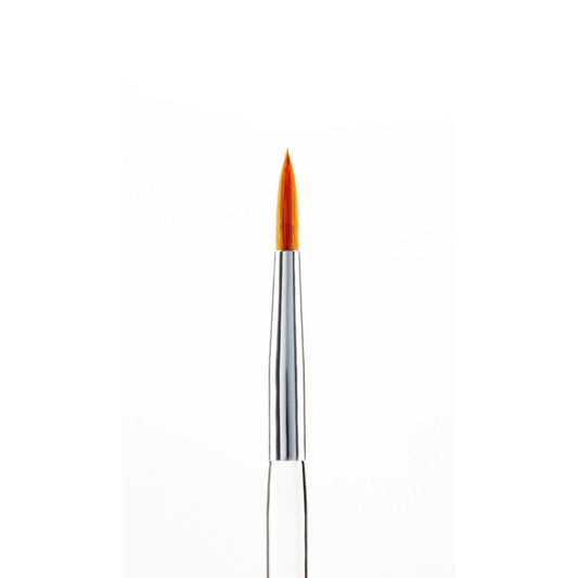 A single fine detail makeup brush with a clear ferrule and bright orange bristles, centered on a plain white background.
