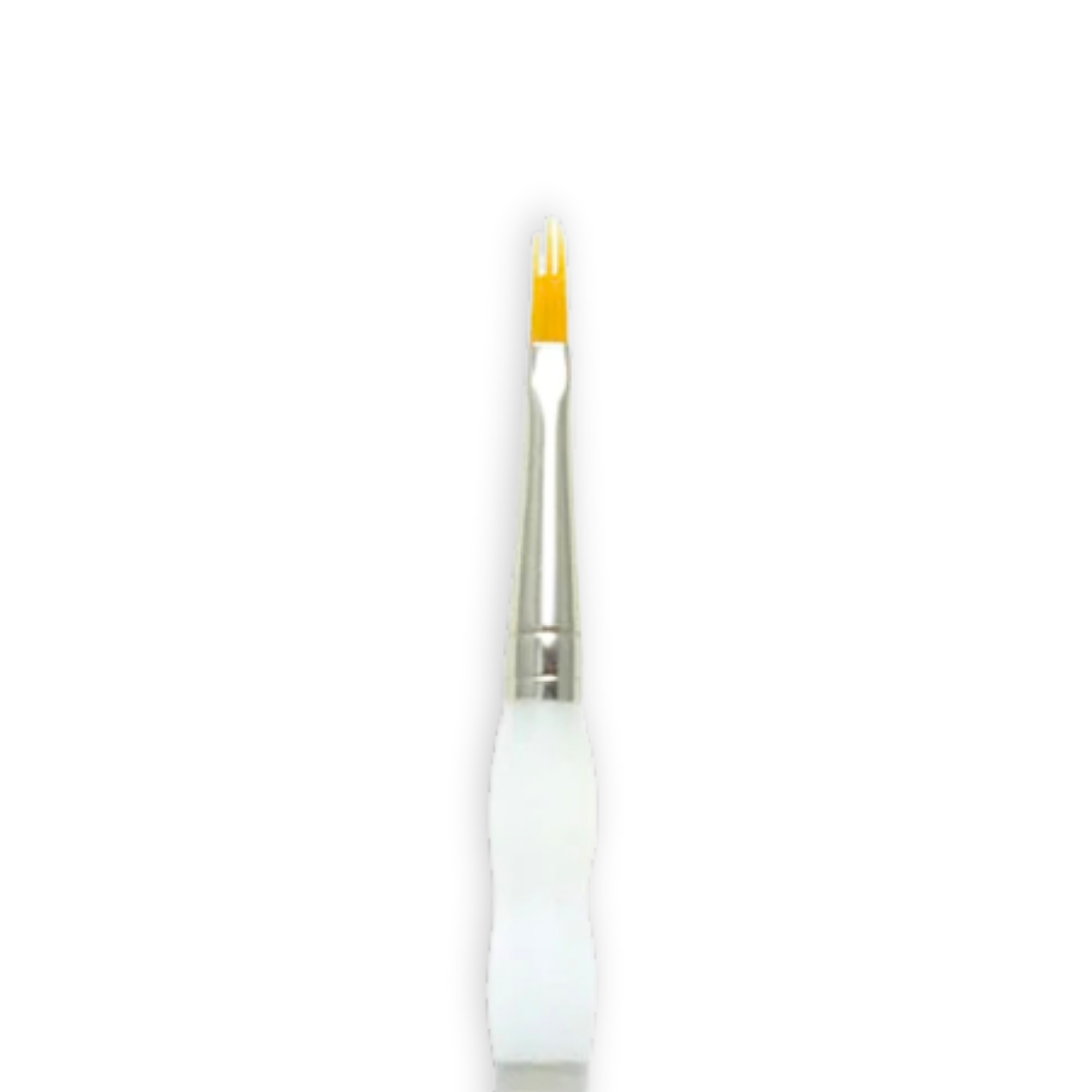 A fine detail paint brush with a white handle, silver ferrule, and bright yellow bristles, centered on a plain white background.