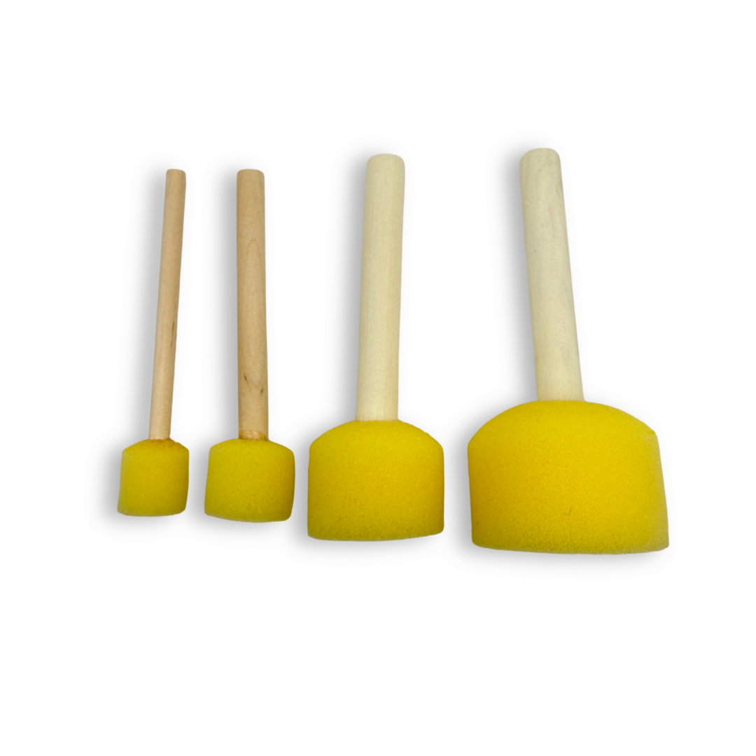Set of four SillyFarm Pouncy Pouncers with yellow foam heads and wooden handles in four sizes: ½ inch, ¾ inch, 1 inch, and 1½ inch diameter.