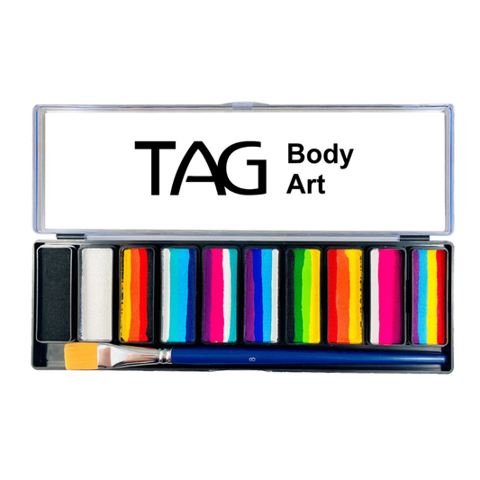 TAG Body Art paint set with colorful one stroke swatches and a brush on a white background