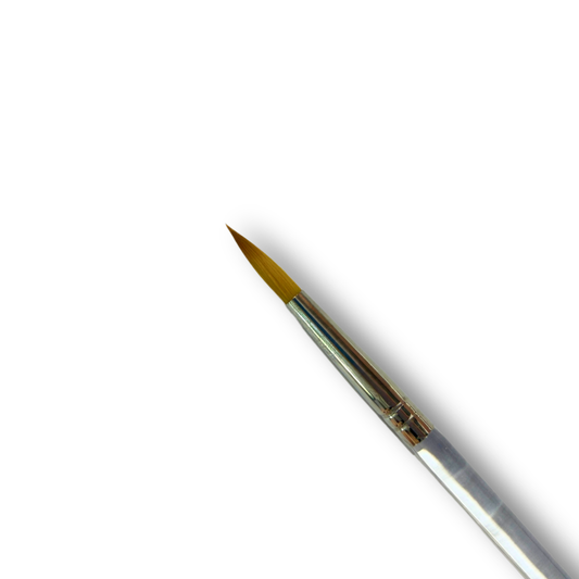 A close-up of a fine detail paintbrush with golden-brown bristles, a silver metal ferrule, and a clear plastic handle, positioned diagonally on a solid white background.