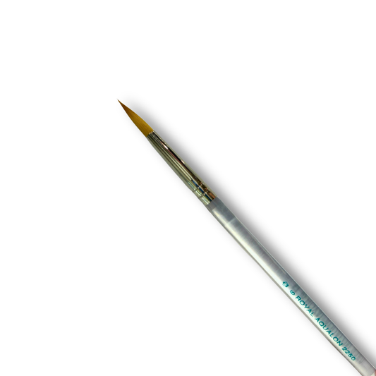 A fine detail paint brush with a silver handle, gold ferrule, and fine yellow bristles, shown diagonally on a white background.