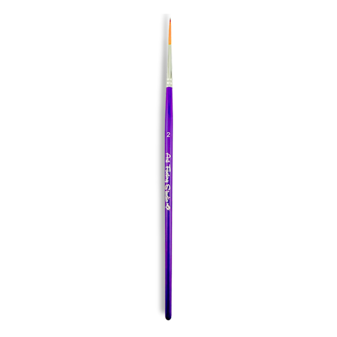 Art Factory Studio #2 Script Liner face painting brush with long pointed Taklon bristles, silver ferrule and purple handle.