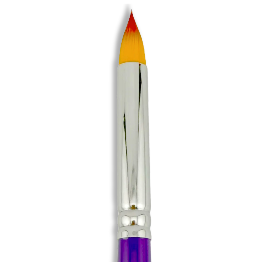 Close-up of the pointed synthetic bristles on the Art Factory Studio Large Perfect Petal Brush for painting flowers and push petals.