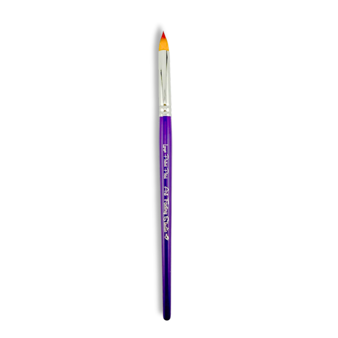 Art Factory Studio Large Perfect Petal face painting brush with pointed synthetic bristles, silver ferrule and purple handle.