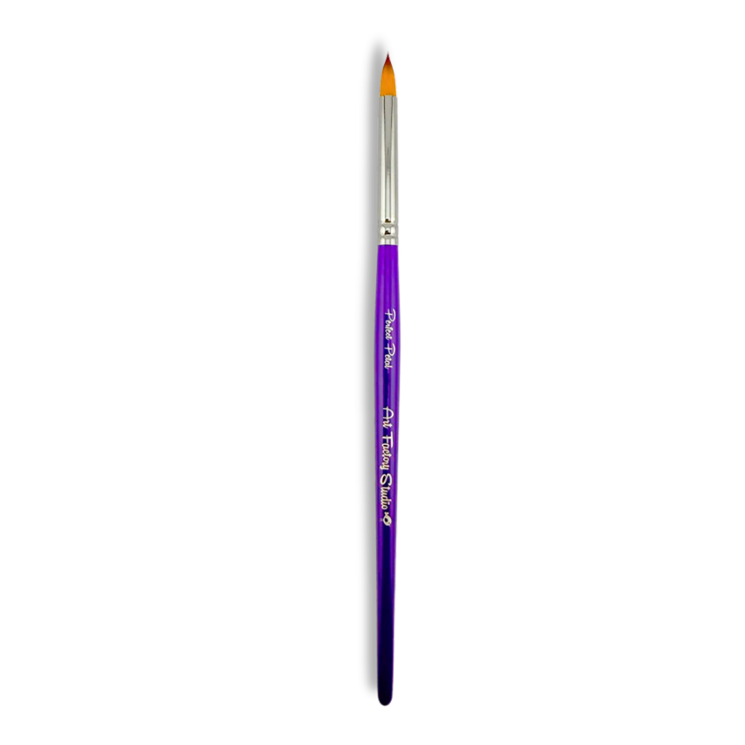 Art Factory Studio Perfect Petal face painting brush with tapered synthetic bristles, silver ferrule and purple handle.