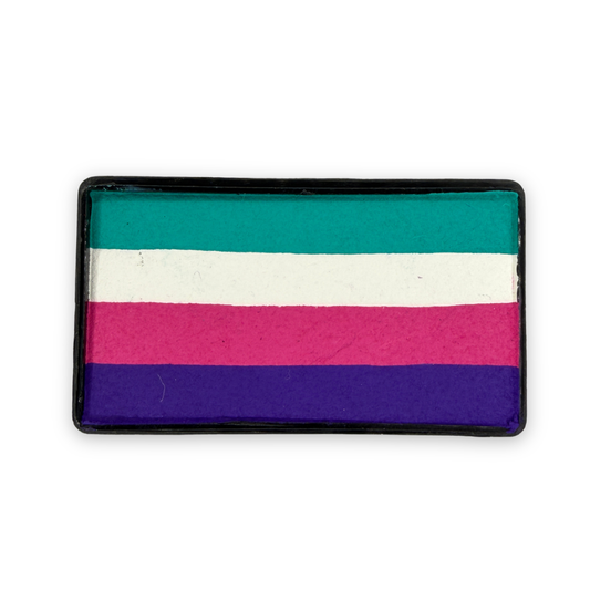 Arty Cake 28g one-stroke face paint featuring layered teal, white, bright pink, and purple colors in a rectangular cake.