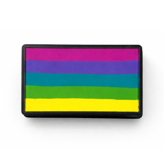 Rectangular face paint container with rainbow stripe makeup on a white background
