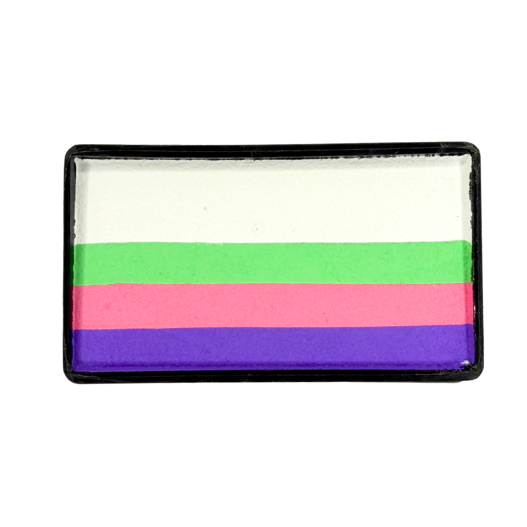 Fluffy Unicorn Arty Cake 28g one-stroke face paint featuring layered white, green, pink, and purple pastel tones in a rectangular cake for soft multi-color face painting.