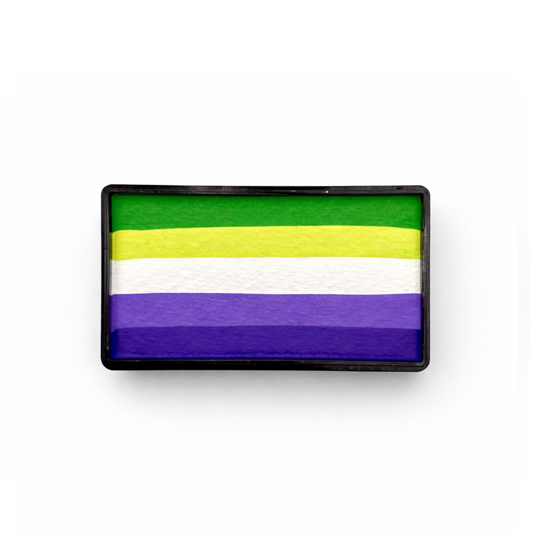 Container of one-stroke style face paint in side by side stripes of green, yellow, white, and purple stripes on a white background