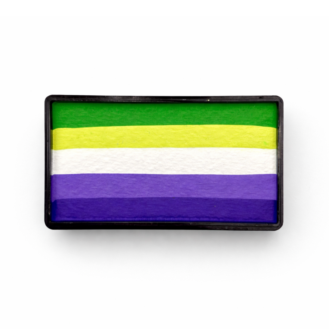 Container of one-stroke style face paint in side by side stripes of green, yellow, white, and purple stripes on a white background