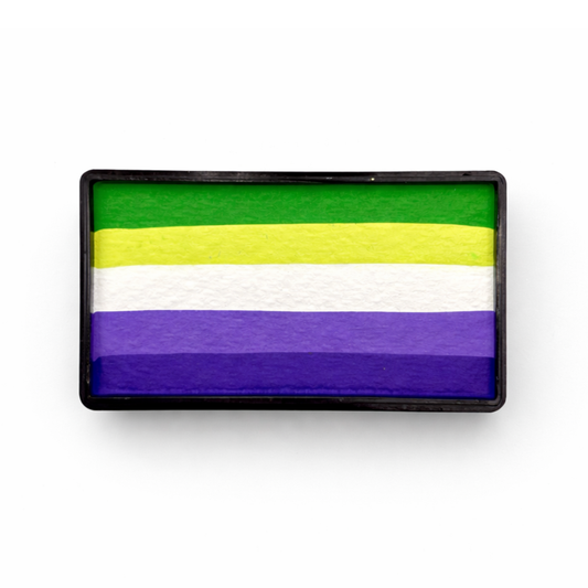 Container of one-stroke style face paint in side by side stripes of green, yellow, white, and purple stripes on a white background