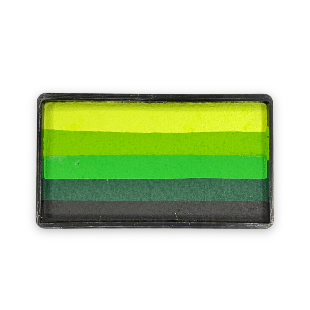 Lil' Monster Green Arty Cake 28g one-stroke face paint featuring five layered shades of bright green fading to black in a rectangular cake for monster, zombie, dragon, alien, and Halloween face painting.