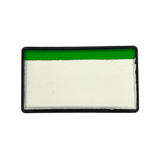 Peekaboo Green Arty Cake 28g one-stroke face paint featuring a large white section with a green edge for characters, monsters, animals, fantasy designs, and outlined face painting.