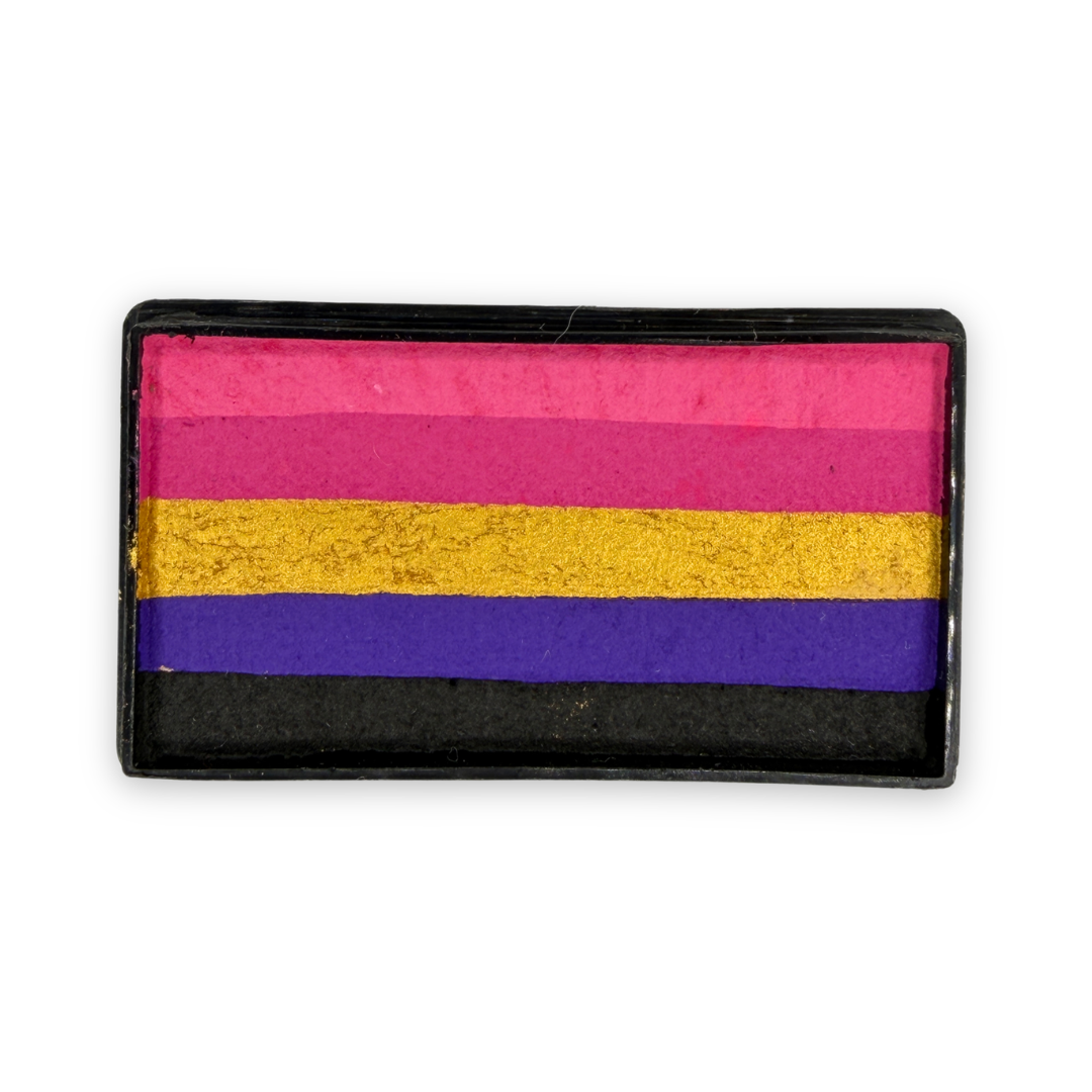 Pink Silhouette Arty Cake 28g one-stroke face paint featuring layered hot pink, magenta, metallic gold, purple, and black in a rectangular cake for creating bold princess, fairy, butterfly, floral, and fantasy face painting designs.