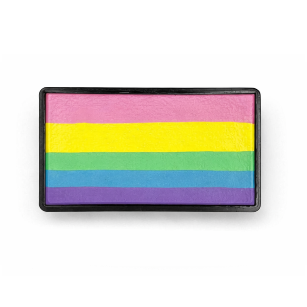 Image of a one stroke Rainbow Face Paint Cake featuring a palette of pastel colors arranged in stripes on a white background